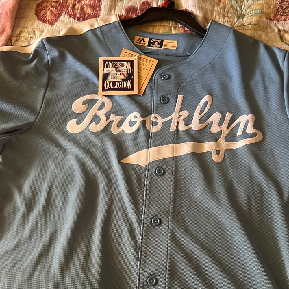 Majestic Brooklyn Script Baseball Jersey - Light Blue with White